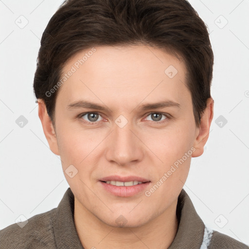 Joyful white young-adult female with short  brown hair and grey eyes