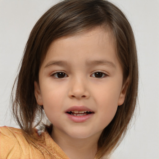 Joyful white child female with medium  brown hair and brown eyes