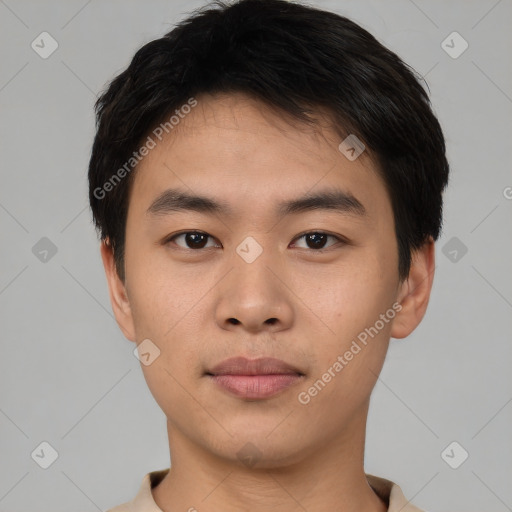 Neutral asian young-adult male with short  brown hair and brown eyes