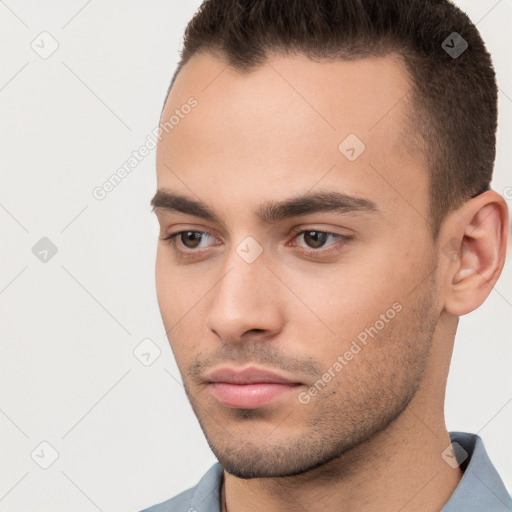 Neutral white young-adult male with short  brown hair and brown eyes