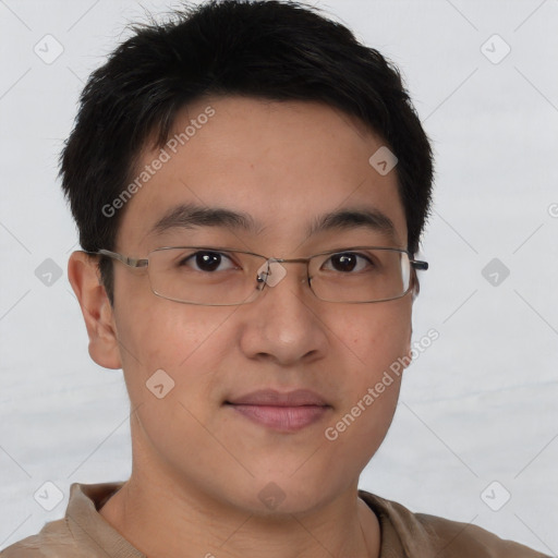 Neutral asian young-adult male with short  brown hair and brown eyes