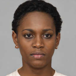 Neutral black young-adult female with short  black hair and brown eyes