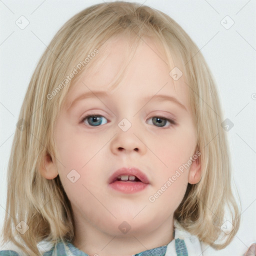 Neutral white child female with medium  brown hair and blue eyes