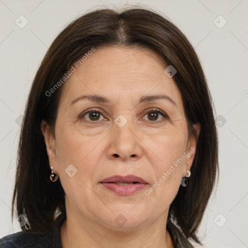 Joyful white adult female with medium  brown hair and brown eyes