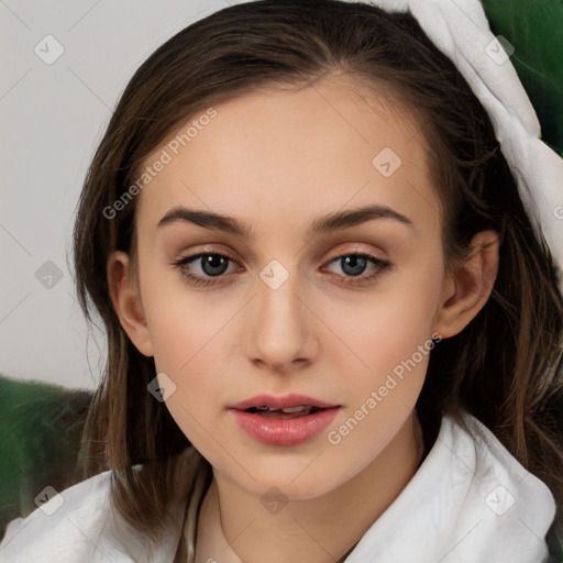 Neutral white young-adult female with medium  brown hair and brown eyes