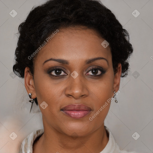 Joyful latino young-adult female with short  brown hair and brown eyes