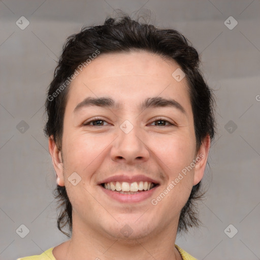 Joyful white young-adult male with medium  brown hair and brown eyes