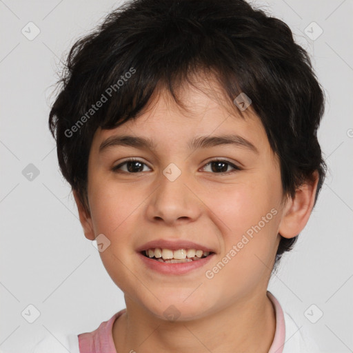 Joyful white child female with short  brown hair and brown eyes