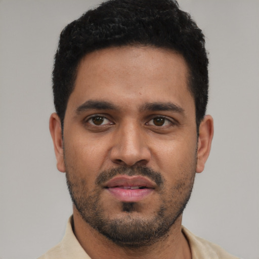 Neutral latino young-adult male with short  black hair and brown eyes