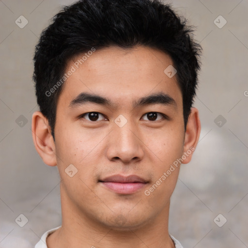 Neutral asian young-adult male with short  black hair and brown eyes