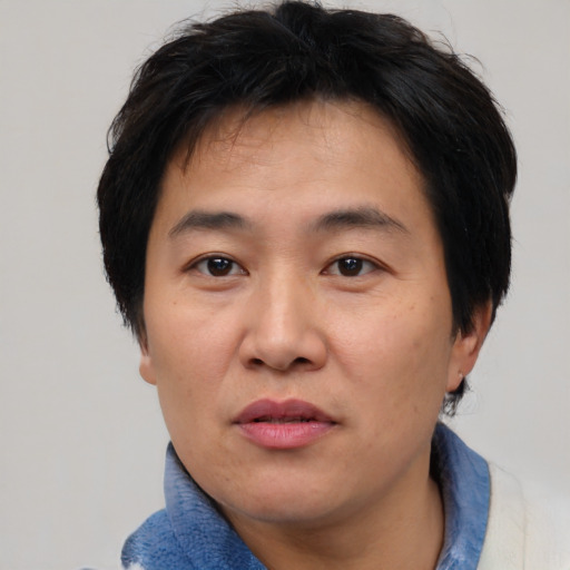 Neutral asian adult male with short  black hair and brown eyes