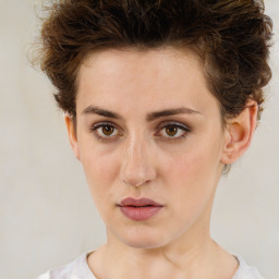 Neutral white young-adult female with short  brown hair and brown eyes