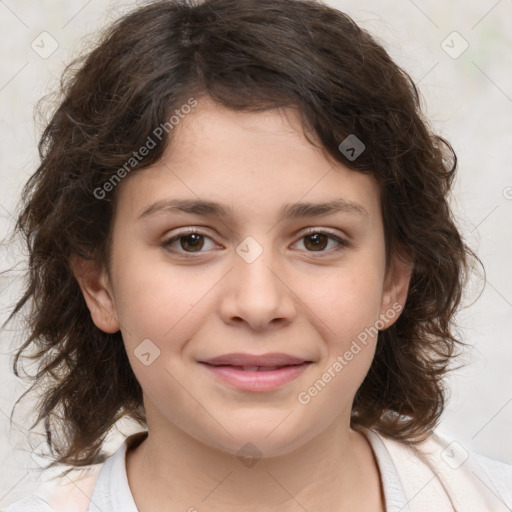 Joyful white child female with medium  brown hair and brown eyes