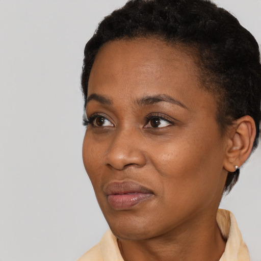 Neutral black adult female with short  black hair and brown eyes