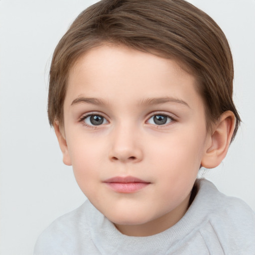 Neutral white child female with short  brown hair and grey eyes