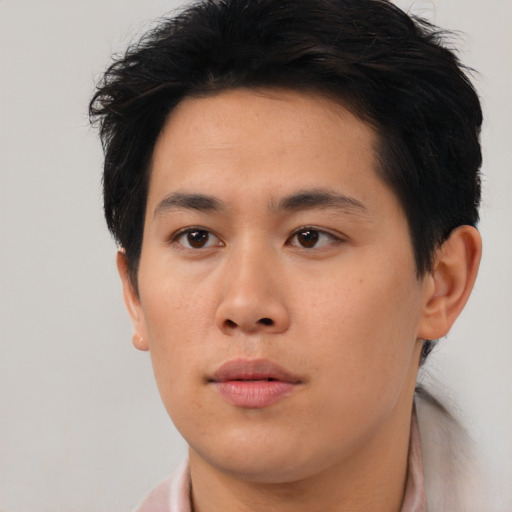 Neutral white young-adult male with short  black hair and brown eyes
