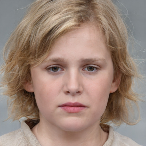 Neutral white child female with medium  brown hair and blue eyes