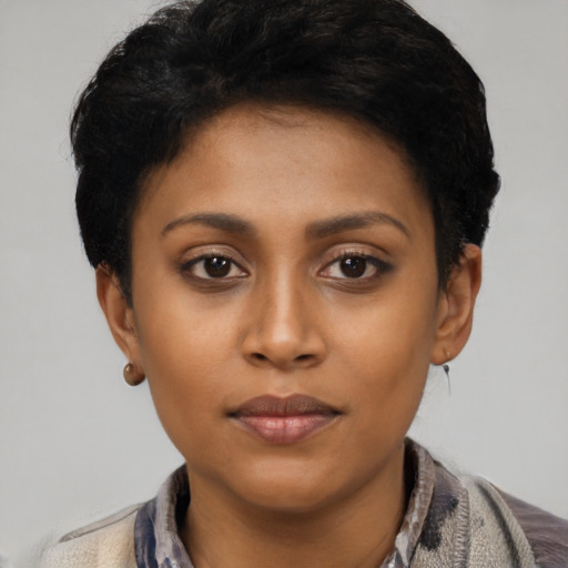 Neutral latino young-adult female with short  black hair and brown eyes