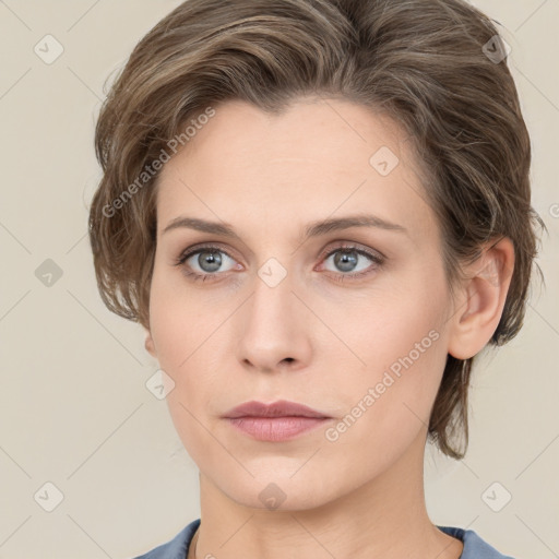 Neutral white young-adult female with medium  brown hair and grey eyes