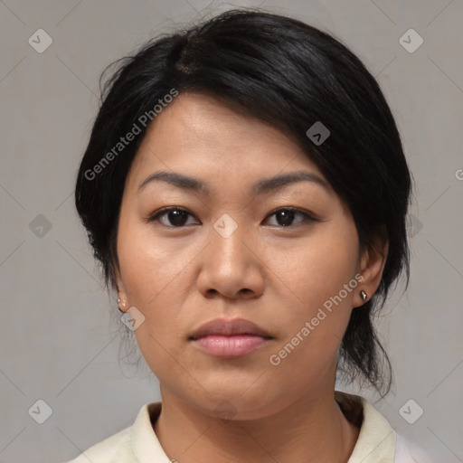 Neutral asian young-adult female with medium  black hair and brown eyes