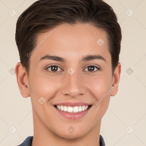 Joyful white young-adult female with short  brown hair and brown eyes