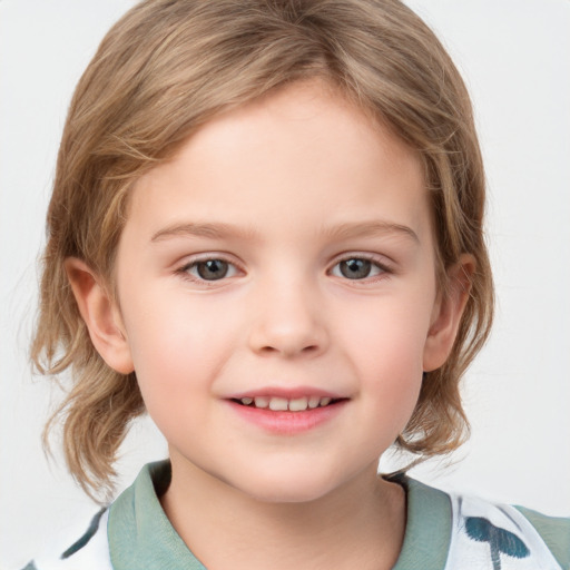 Joyful white child female with medium  brown hair and grey eyes