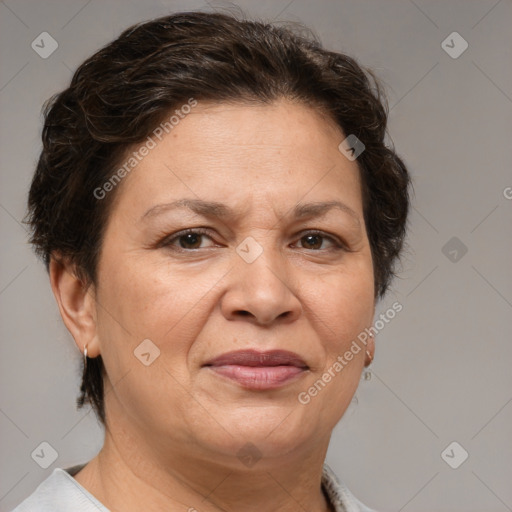 Joyful white adult female with short  brown hair and brown eyes