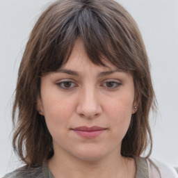 Neutral white young-adult female with medium  brown hair and grey eyes