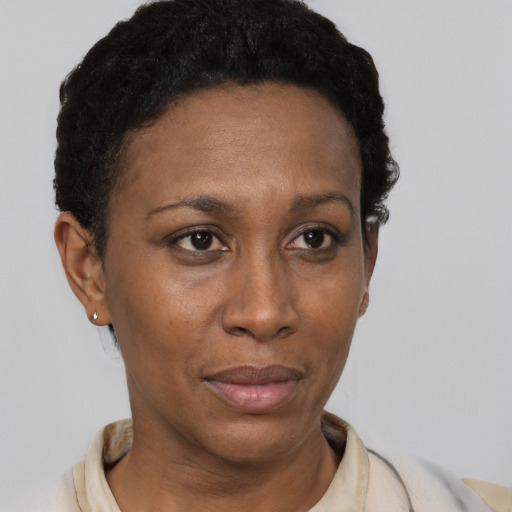 Neutral latino adult female with short  black hair and brown eyes