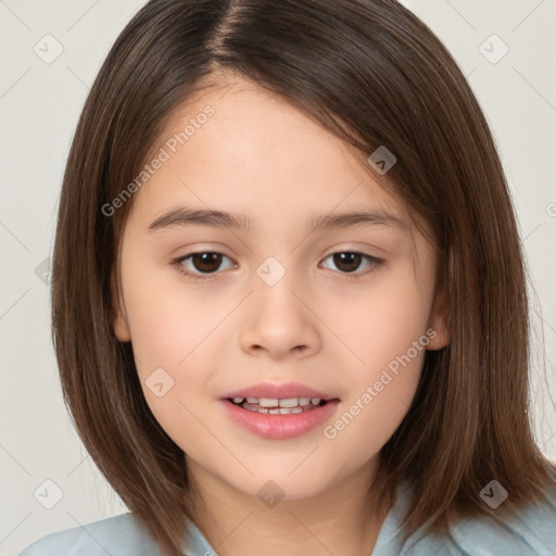 Joyful white child female with medium  brown hair and brown eyes