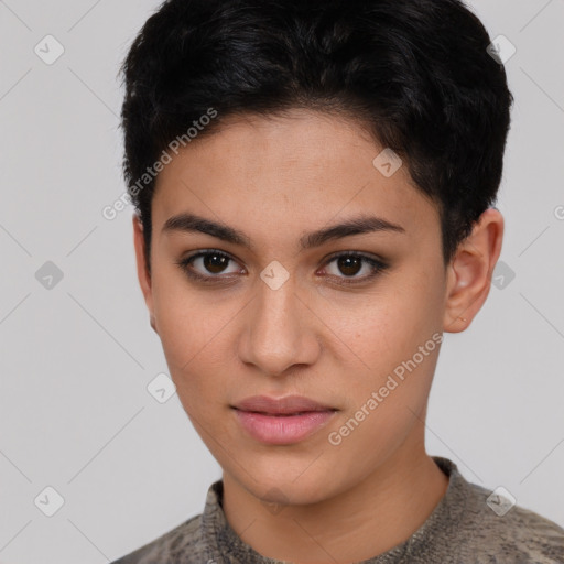 Neutral latino young-adult female with short  brown hair and brown eyes