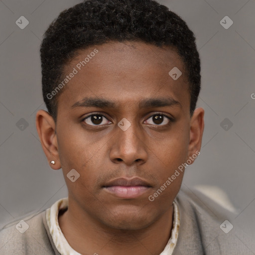 Neutral latino young-adult male with short  brown hair and brown eyes