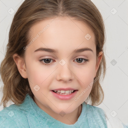 Joyful white child female with medium  brown hair and brown eyes