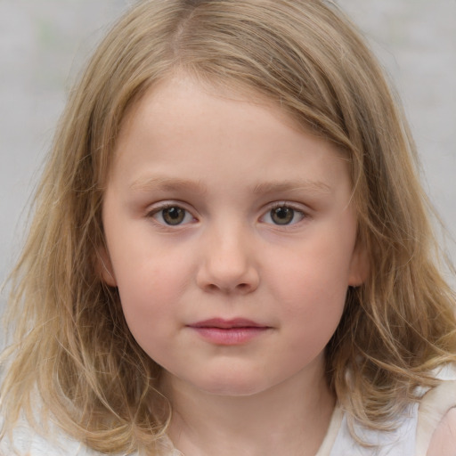 Neutral white child female with medium  brown hair and grey eyes