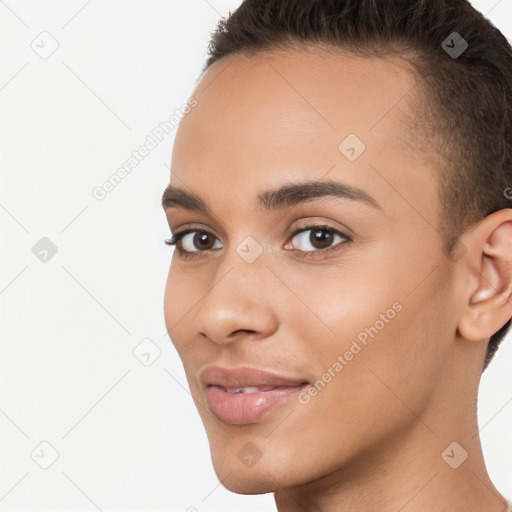 Neutral white young-adult female with short  brown hair and brown eyes