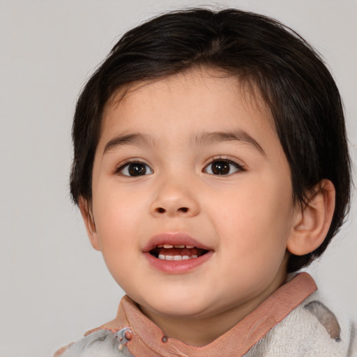 Joyful white child female with medium  brown hair and brown eyes