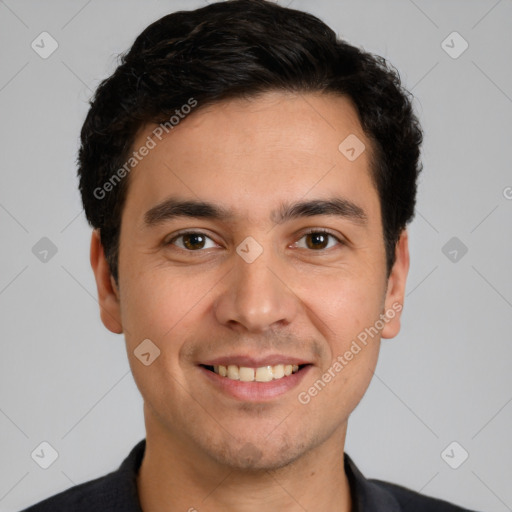 Joyful white young-adult male with short  black hair and brown eyes