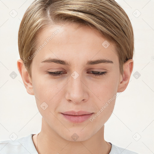 Joyful white young-adult female with short  brown hair and brown eyes