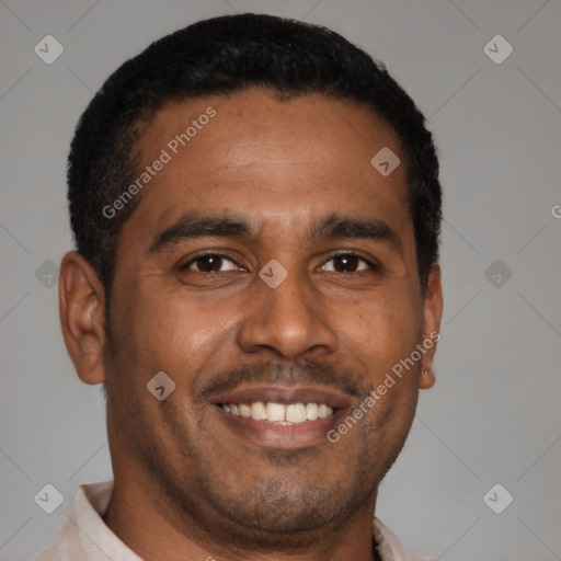 Joyful latino young-adult male with short  brown hair and brown eyes