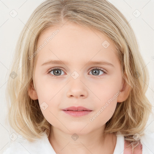 Neutral white child female with medium  brown hair and blue eyes