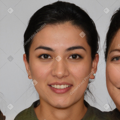 Joyful white young-adult female with medium  brown hair and brown eyes