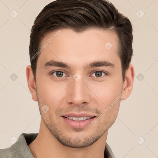 Joyful white young-adult male with short  brown hair and brown eyes