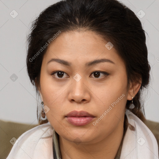 Neutral white young-adult female with medium  brown hair and brown eyes