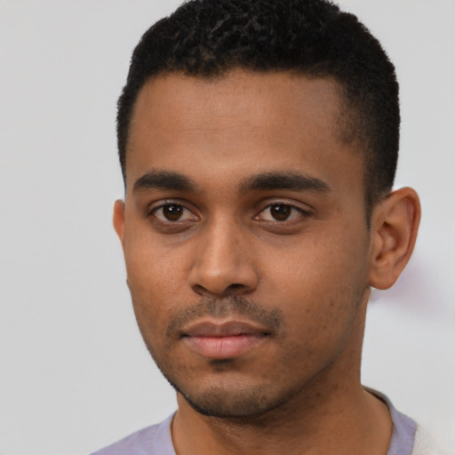 Neutral black young-adult male with short  black hair and brown eyes