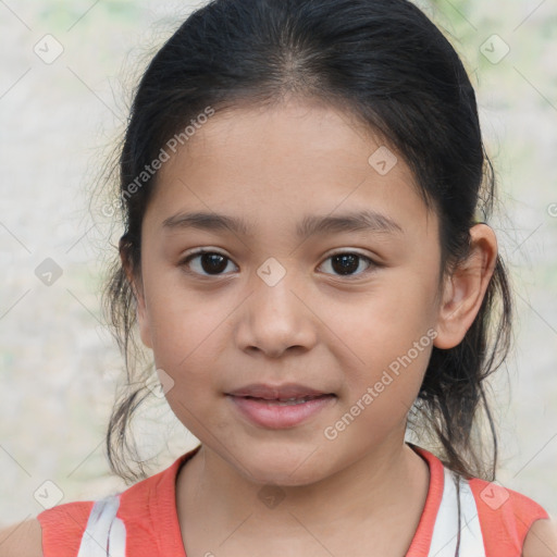 Joyful white child female with medium  brown hair and brown eyes