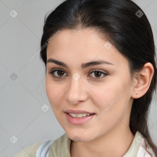 Joyful white young-adult female with medium  brown hair and brown eyes