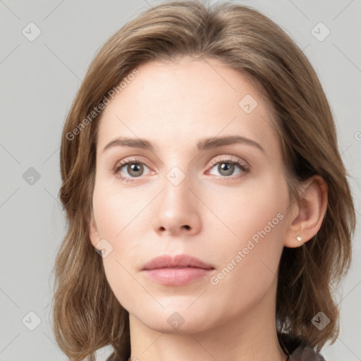 Neutral white young-adult female with medium  brown hair and grey eyes