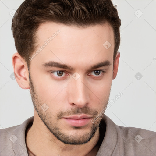 Neutral white young-adult male with short  brown hair and grey eyes