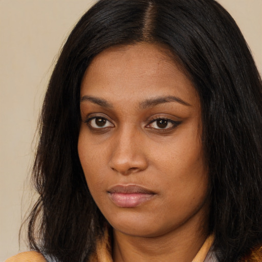 Neutral asian young-adult female with long  brown hair and brown eyes