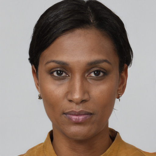Neutral asian young-adult female with short  black hair and brown eyes